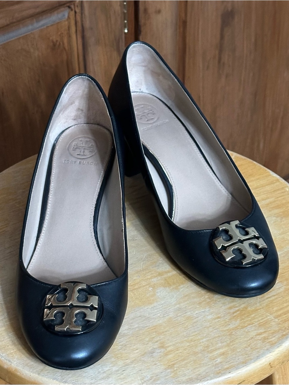 Tory Burch Black Leather 2” Block Heel Pumps 7